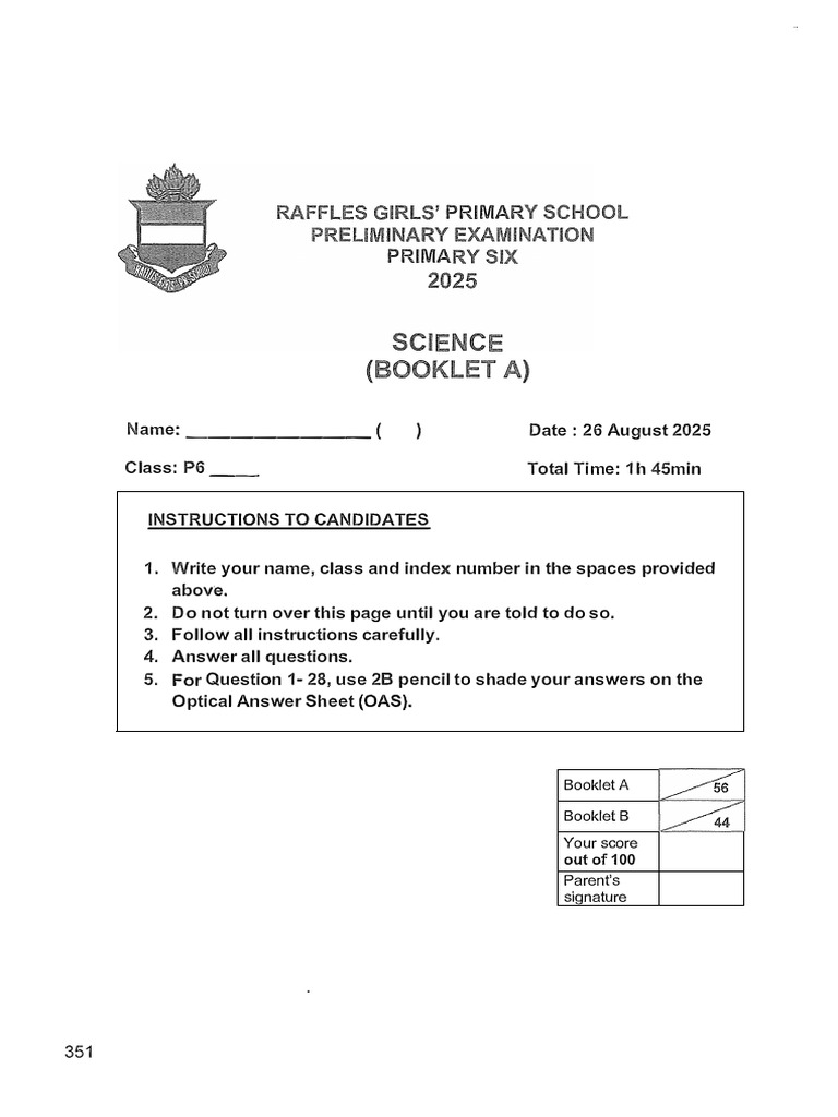 PSLE Science Prelim Paper 2025 | PDF
