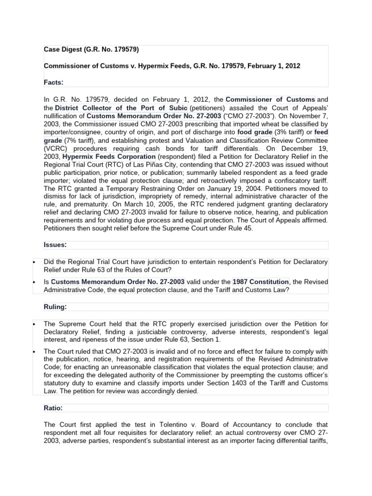 Customs Order Invalidity Ruling | PDF | Equal Protection Clause ...