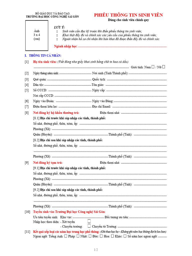Mau 01 - Phieu Thong Tin Sinh Vien - 2025 | PDF
