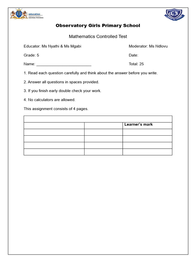 Grade 5 Math Test for Observatory School | PDF | Mathematics | Cognition