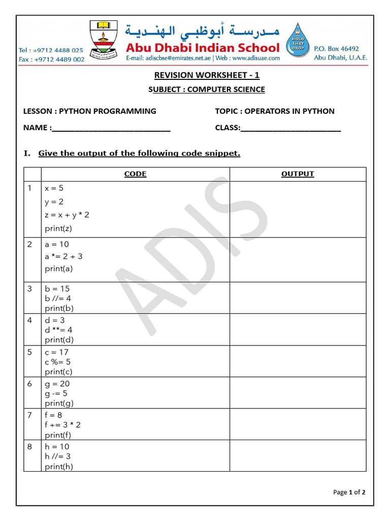 Python Operators Revision Worksheet | PDF