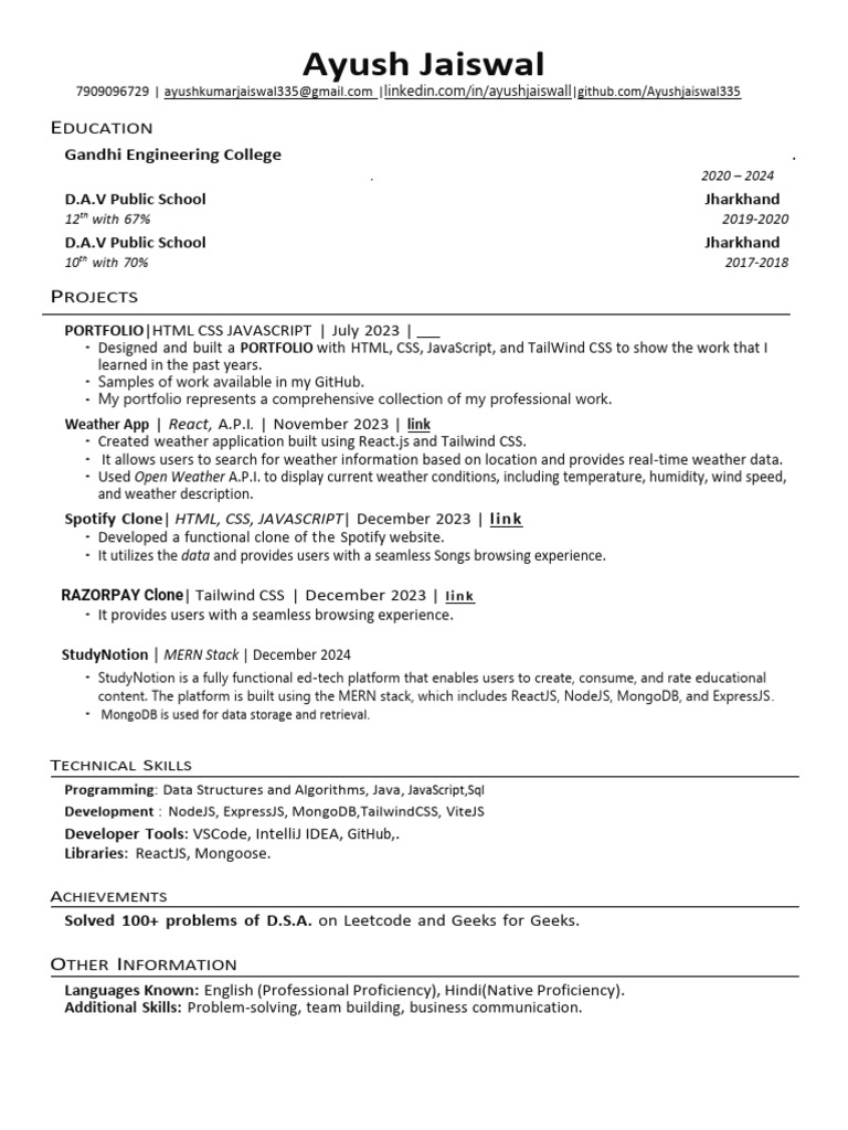 AyushJaiswal Resume | PDF | Java Script | Information Technology