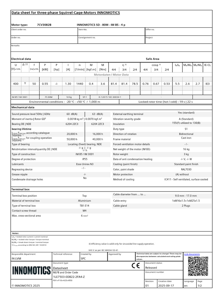 INNOMOTICS Three-Phase Motor Datasheet | PDF | Bearing (Mechanical ...