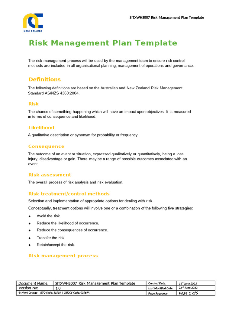 SITXWHS007 Risk Management Plan Template | PDF | Risk | Risk Management