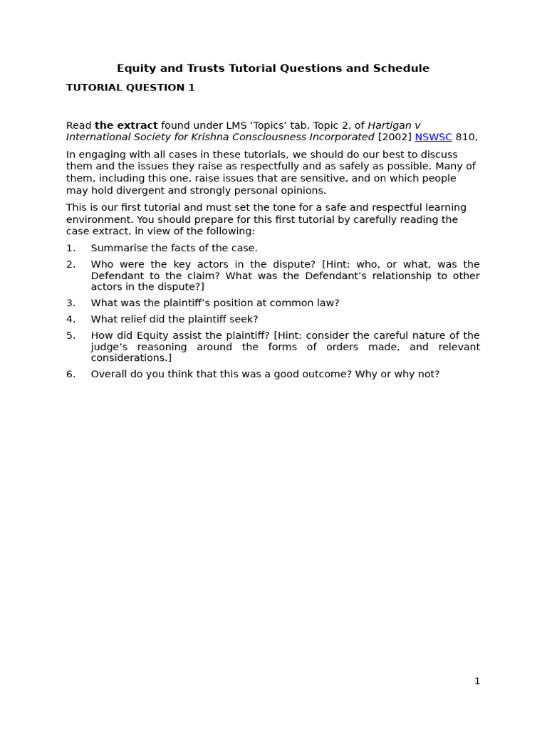 Tutorial Questions and Schedule | PDF | Fiduciary | English Trust Law