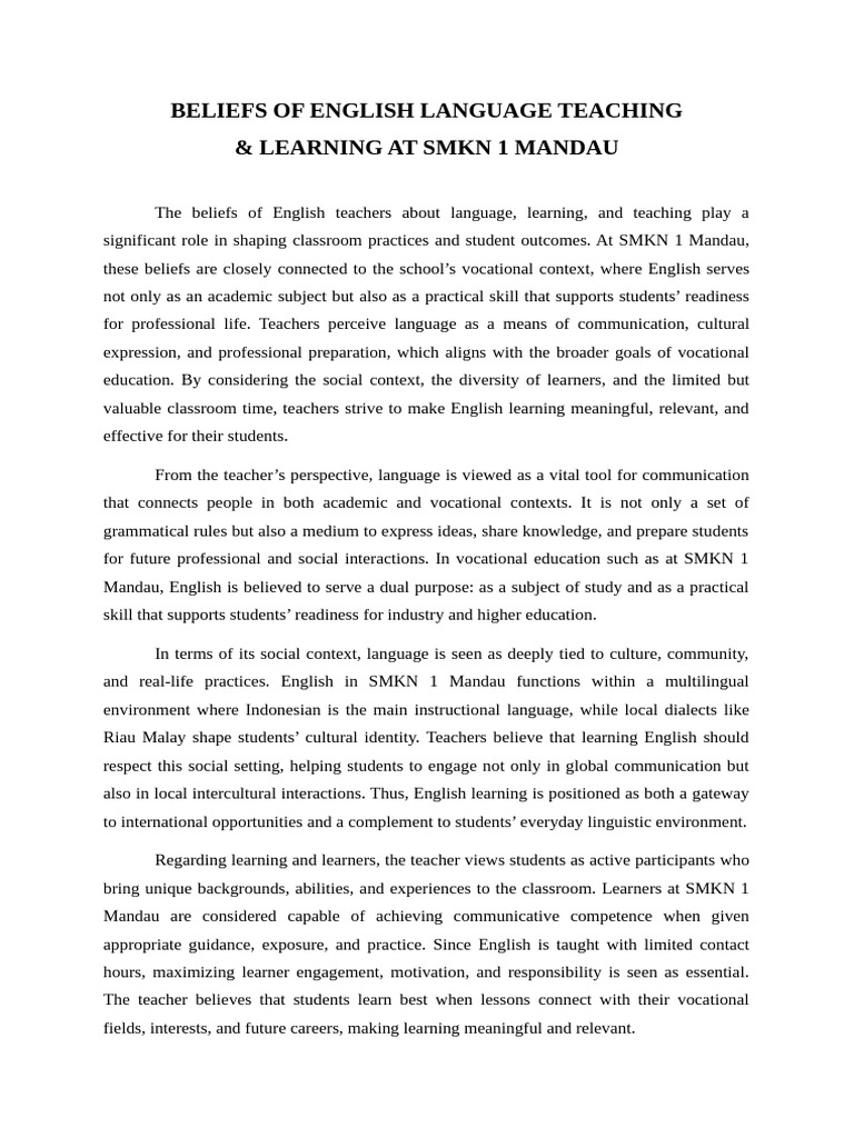 English Teaching Beliefs at SMKN 1 Mandau | PDF | Learning | Teachers