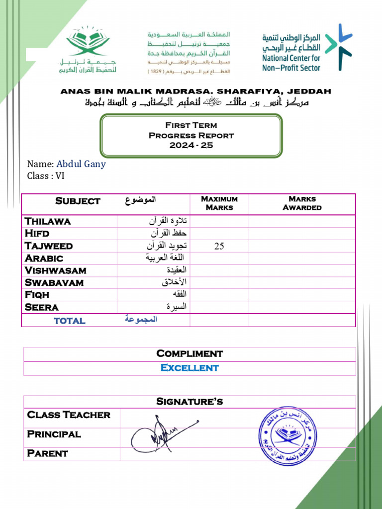 VI Class First Term Progress Report | PDF