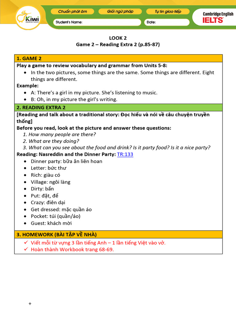 Look 2 - Game 2 + Reading Extra 2 (85-87) | PDF