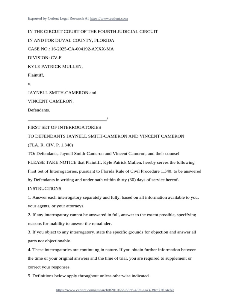 First Set of Interrogatories To Defendants - Mullen V Cameron | PDF ...