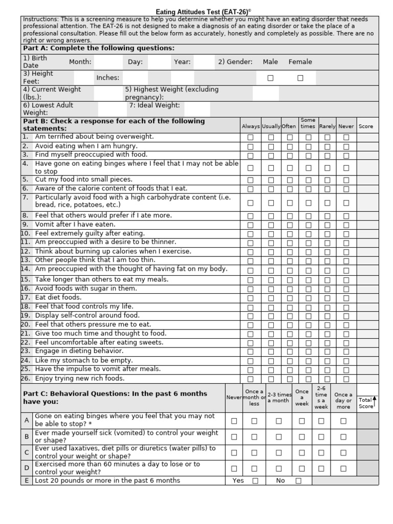 EAT-26 Eating Disorder Screening Tool | PDF | Eating | Dieting