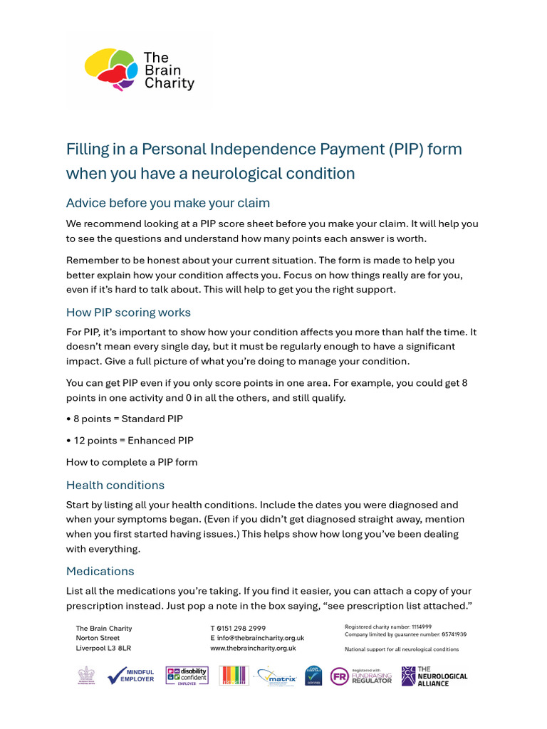 PIP Form Guide for Neurological Conditions | PDF | Health Professional ...