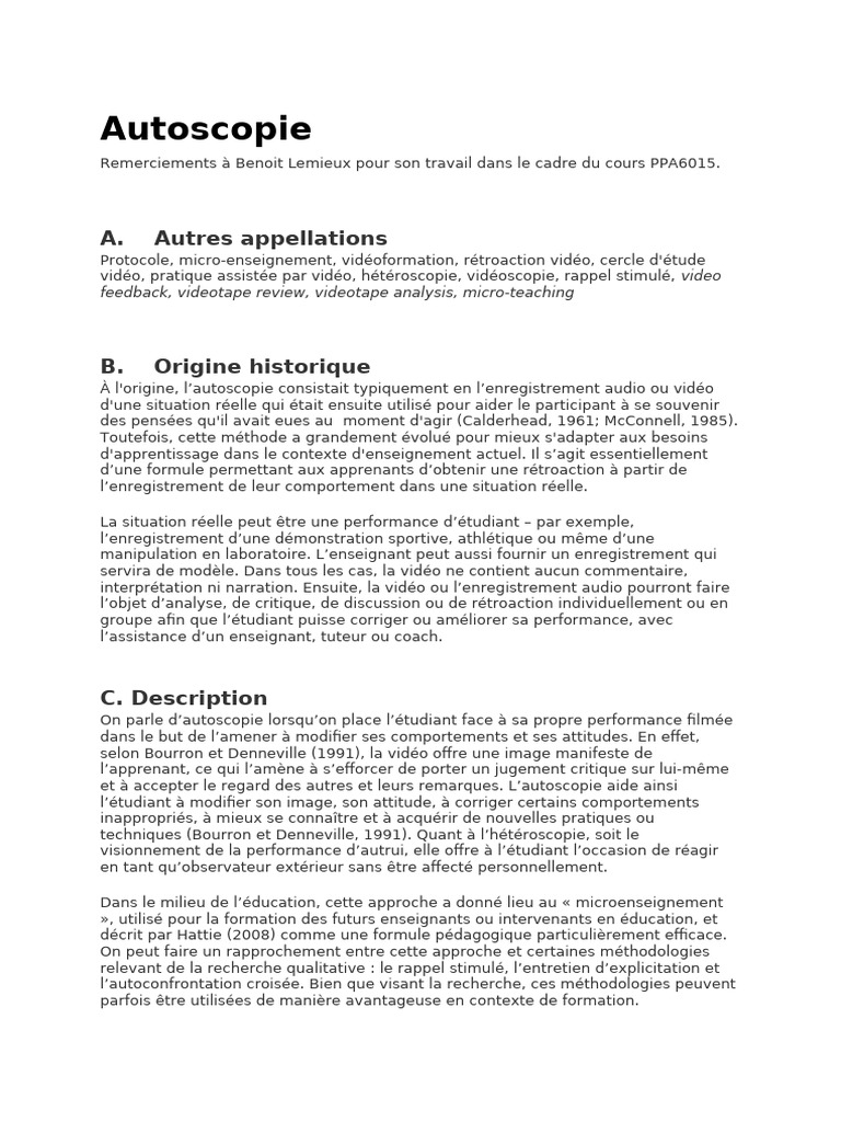 Autoscopie : Méthode de Rétroaction Vidéo | PDF | Pédagogie | Apprentissage