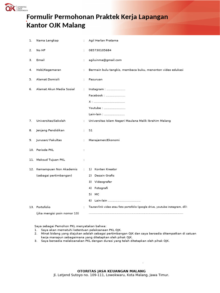 Formulir Permohonan Magang OJK Malang 2025(1) | PDF