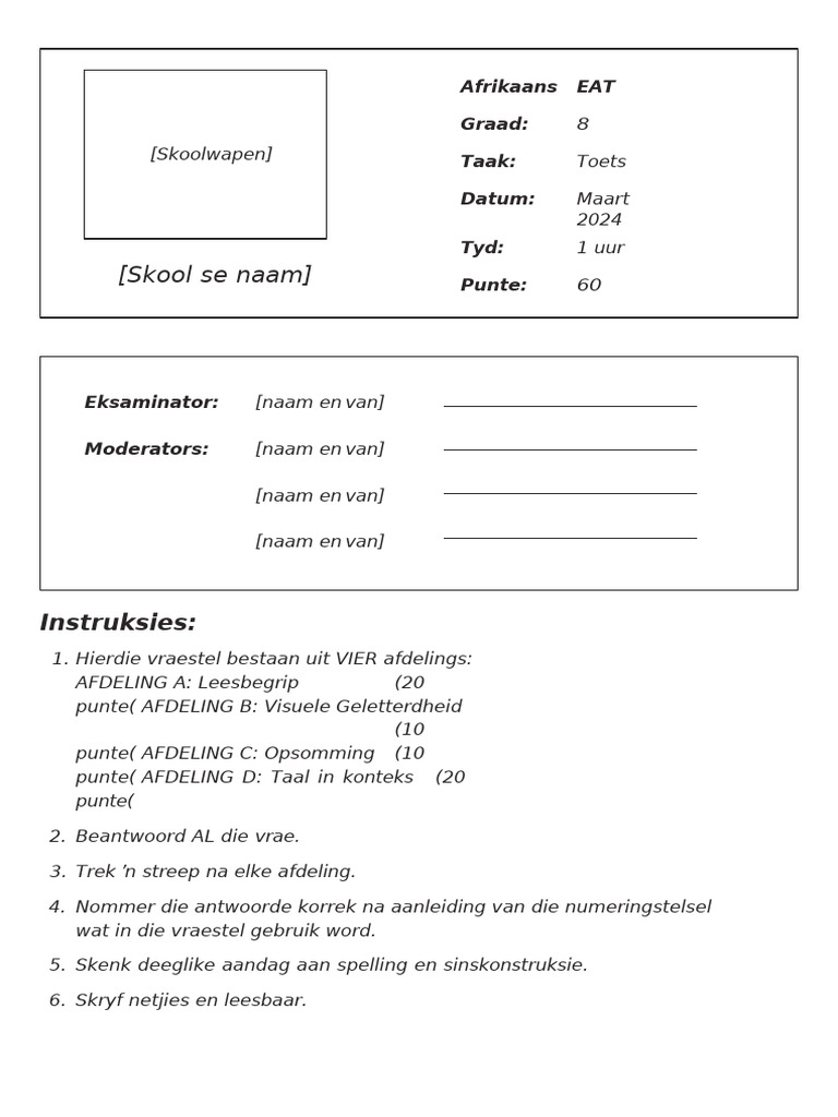 Graad 8 Taal Toets Word Format | PDF