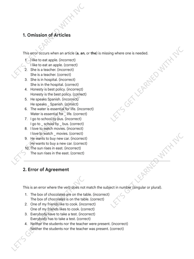 Common English Errors: Articles & Agreement | PDF | Languages | Foreign ...