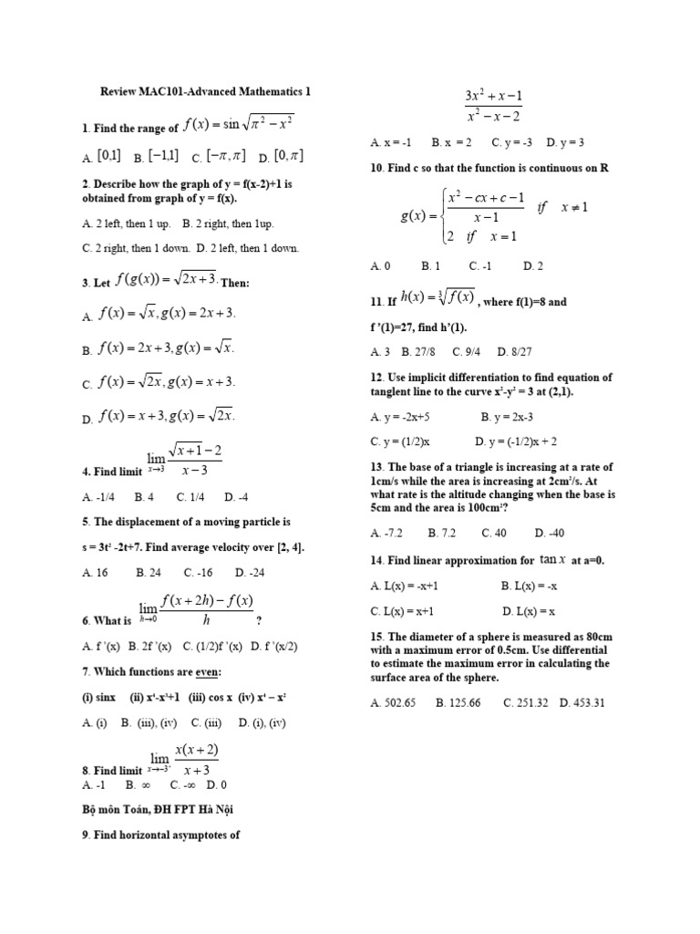 MAC101 Advanced Mathematics Review | PDF | Mathematical Analysis ...