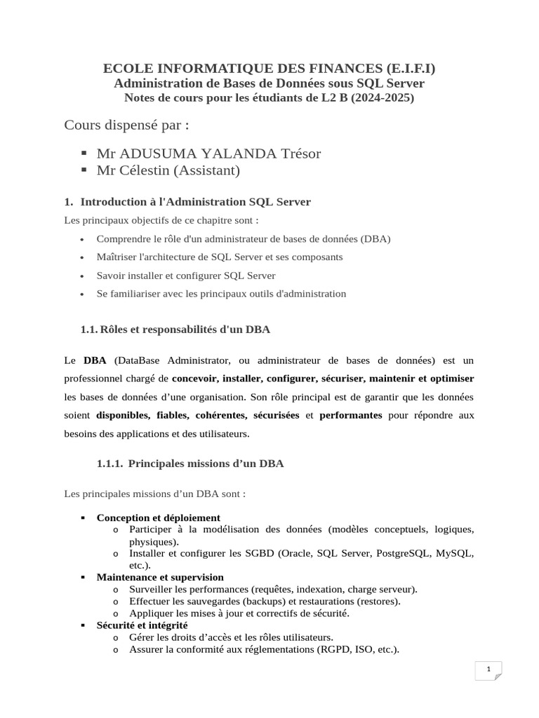 AdminBDD Notes Cours | PDF | Microsoft SQL Server | Bases de données