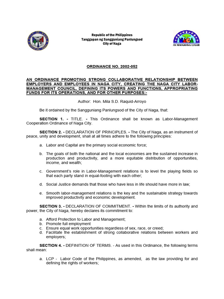Naga City Labor-Management Ordinance | PDF | Employment | Labour Law