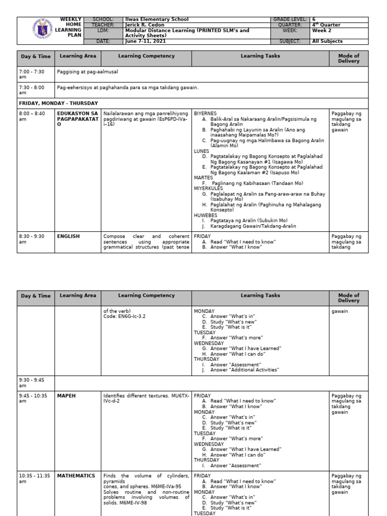Grade 6 Weekly Learning Plan | PDF