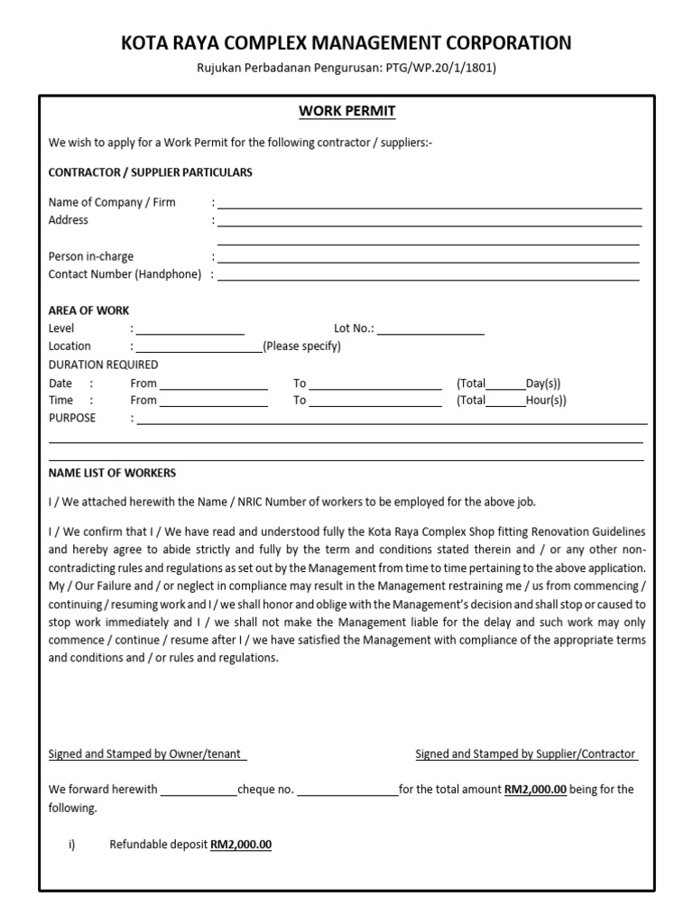 Work Permit Application for Contractors | PDF
