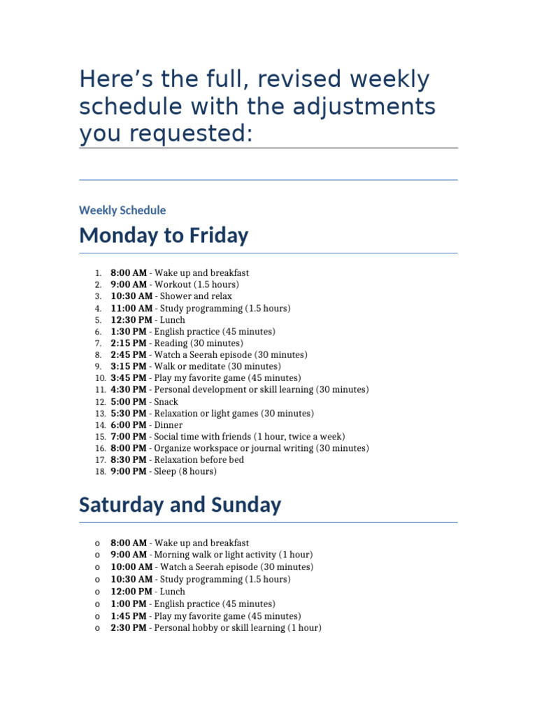 Revised Weekly Schedule Overview | PDF