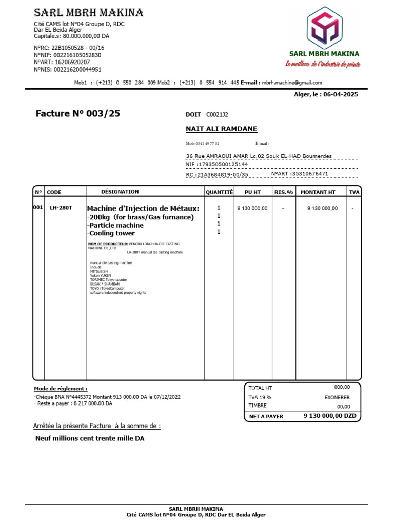 Facture de Machine d'Injection Métaux | PDF