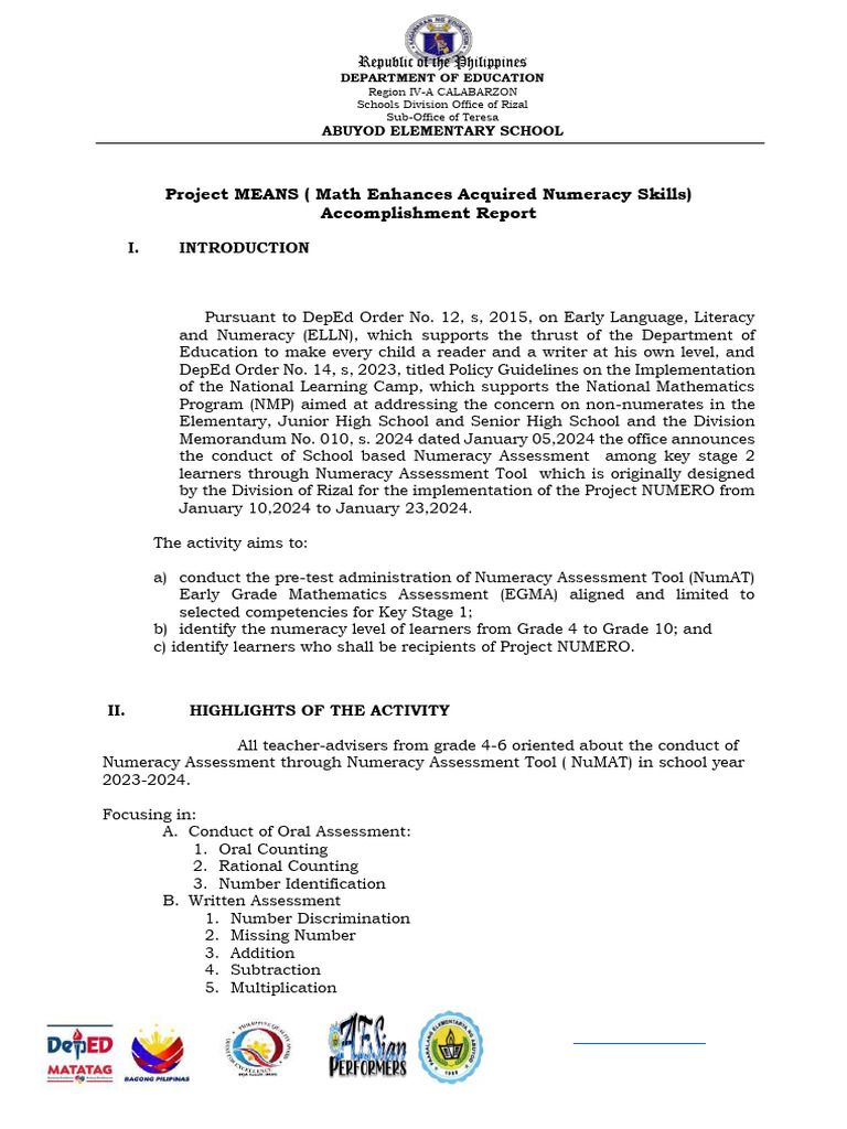 Abuyod Elementary School Numeracy Report | PDF | Cognition | Learning