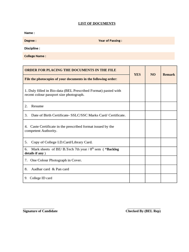 Document Submission Checklist for BEL | PDF