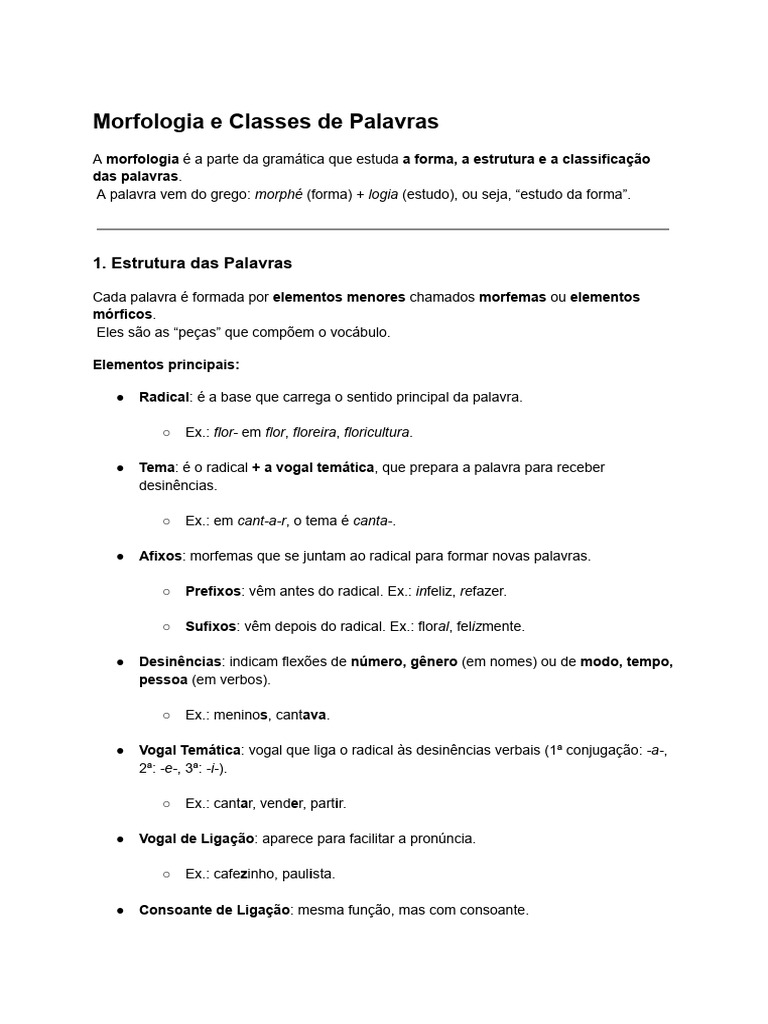 Morfologia e Classes de Palavras em Português | PDF | Palavra ...