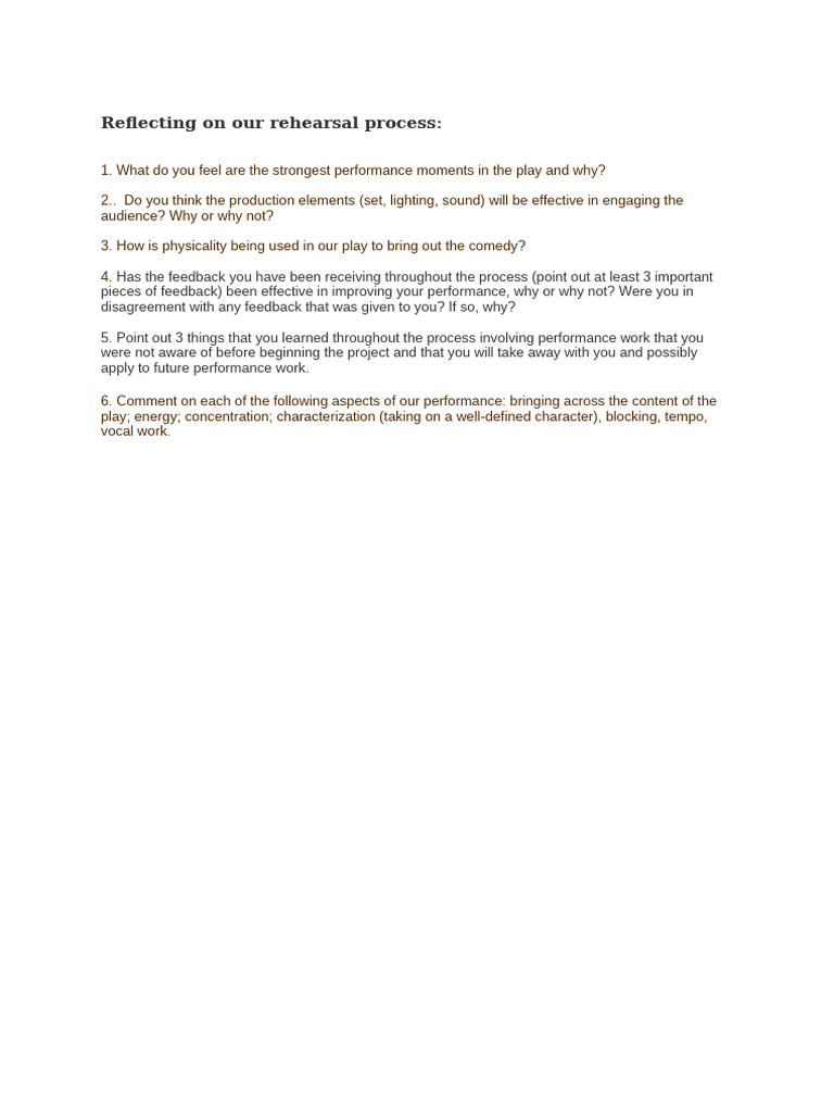 Performance Process Reflection Questions | PDF
