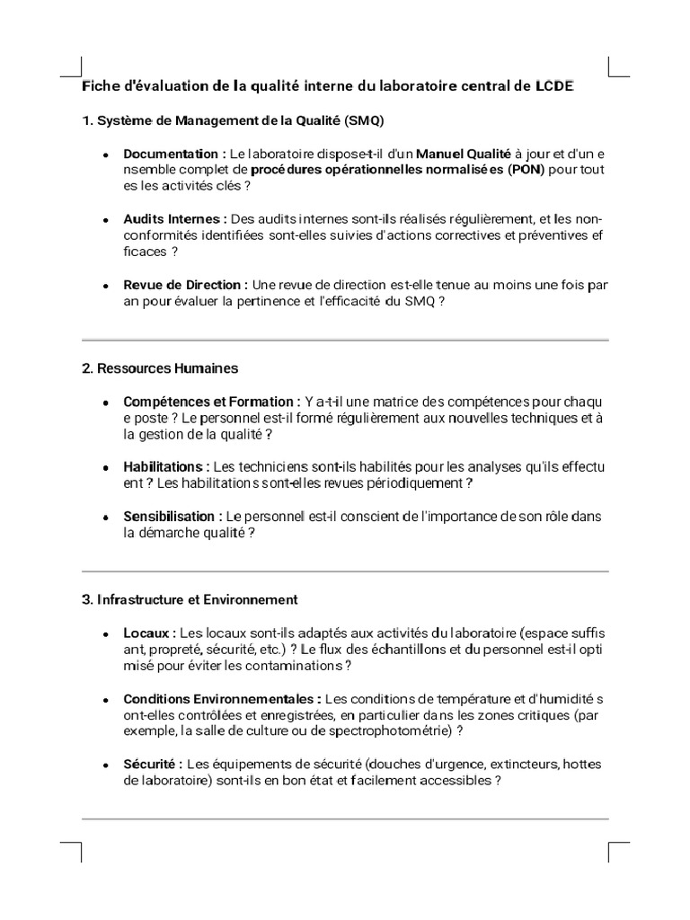 Fiche D'evaluation de La Qualité Interne Du Laboratoire de La LCDE ...