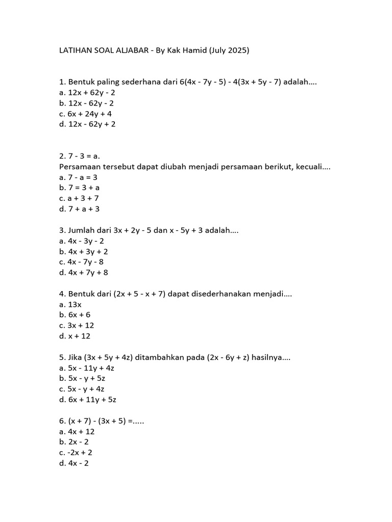 Latihan Soal Aljabar (Week 3 July 2025) | PDF