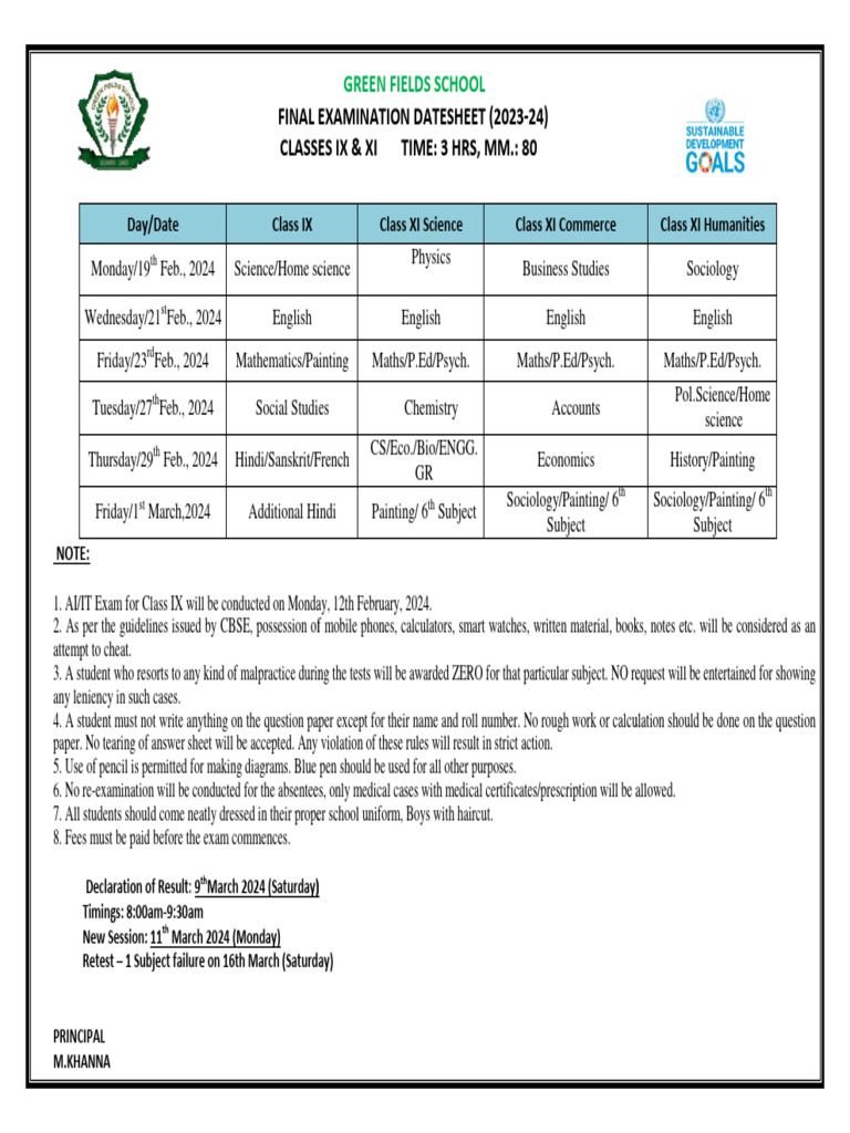 2024 Class IX & XI Exam Datesheet | PDF