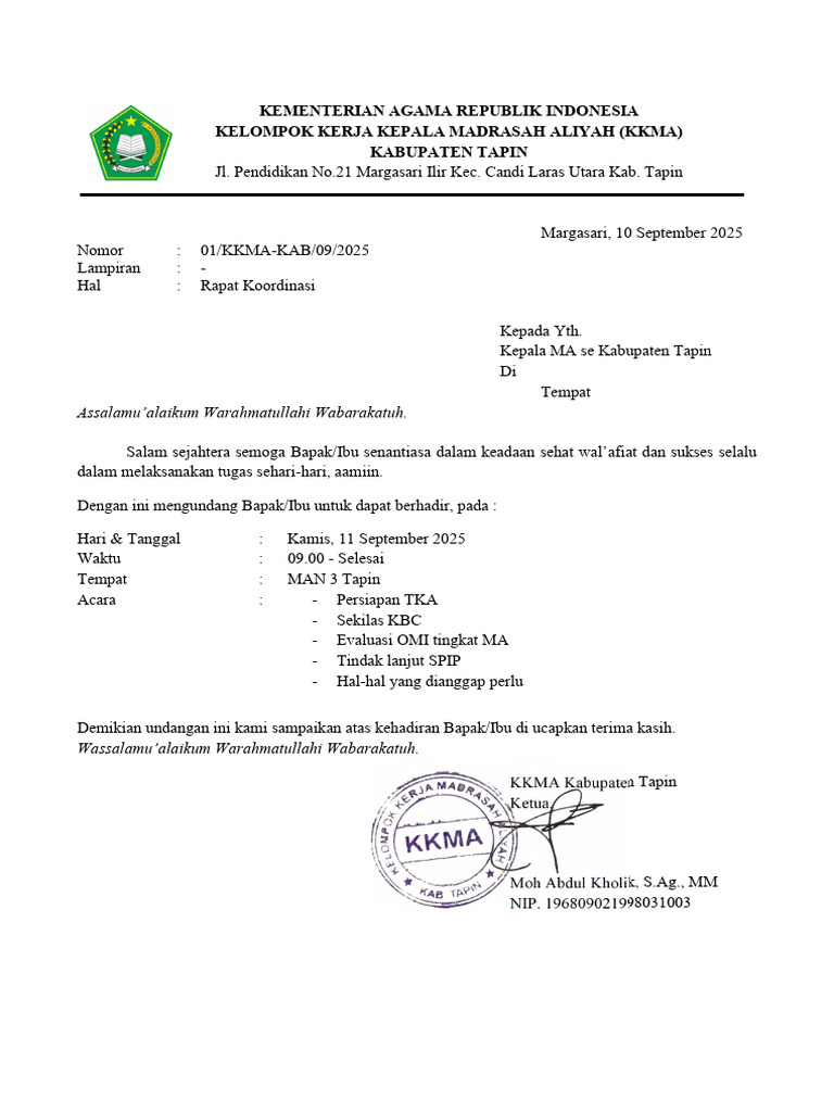 Undangan, Absen, Dan Notulen Rakor KKMA 110925 | PDF