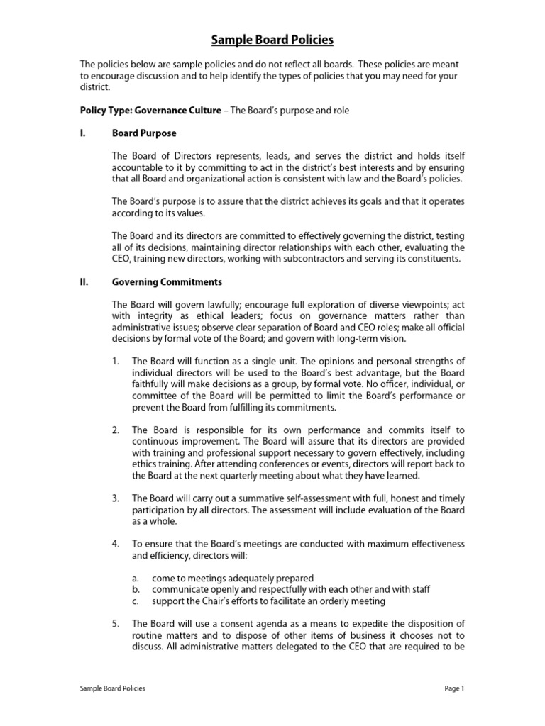 Sample Board Governance Policies | PDF | Conflict Of Interest | Committee