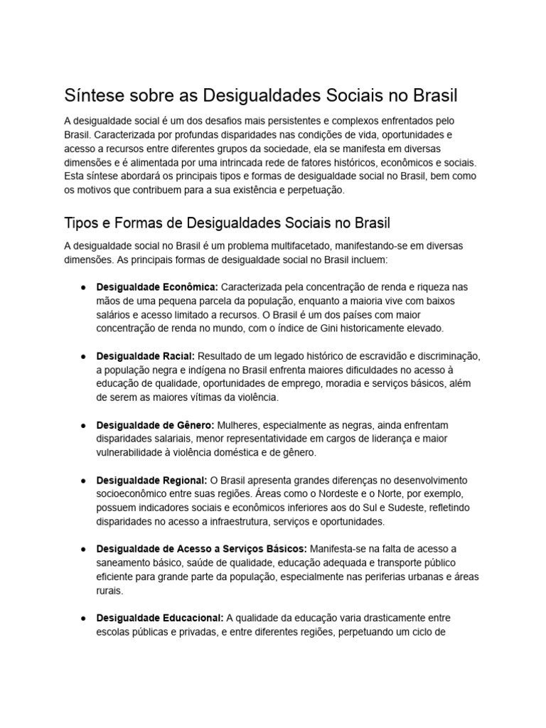 Desigualdades Sociais no Brasil: Tipos e Causas | PDF | Desigualdade ...