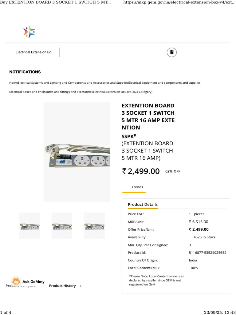 Buy Extention Board 3 Socket 1 Switch 5 MTR 16 Amp Extention Online ...