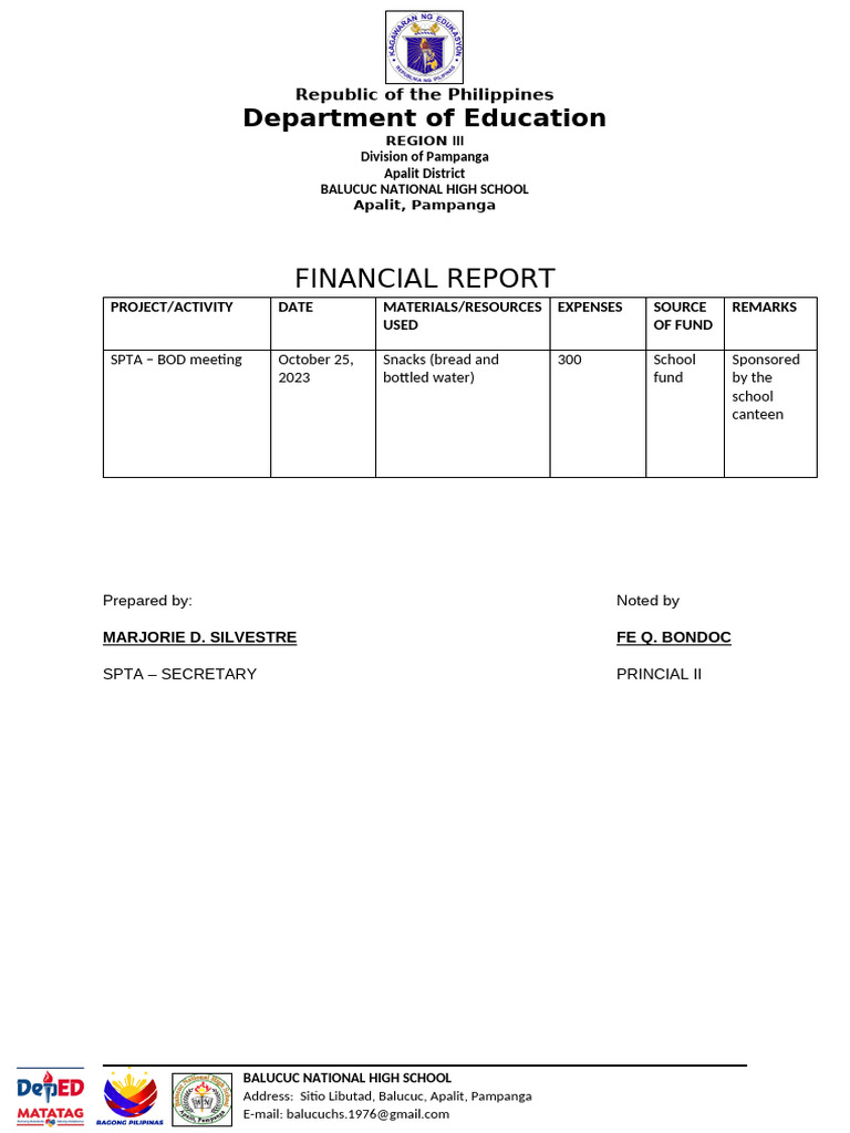 Balucuc National High School Financial Report | PDF