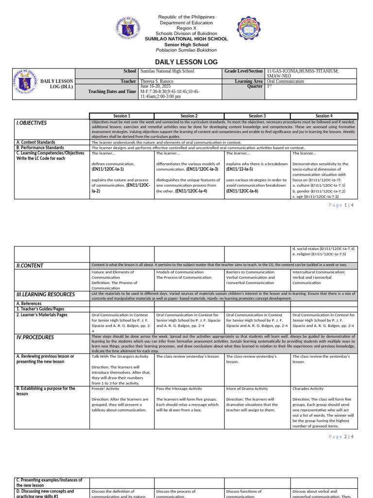 Oral Communication DLL First Sem Week 1 | PDF | Communication | Learning