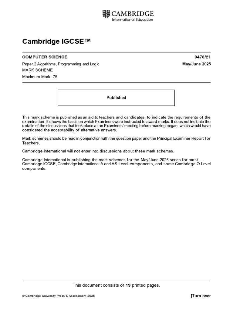 IGCSE Computer Science Mark Scheme 2025 | PDF | Question | Data