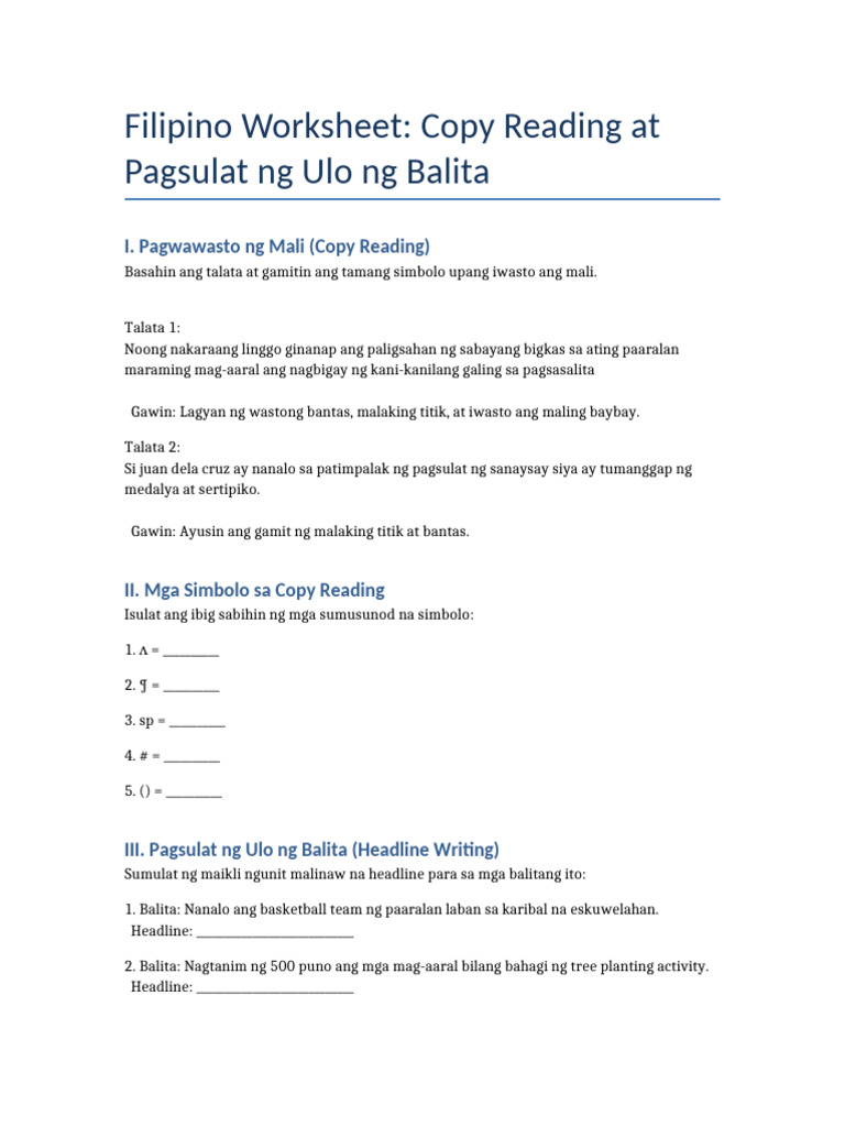 Filipino Worksheet CopyReading Headline | PDF