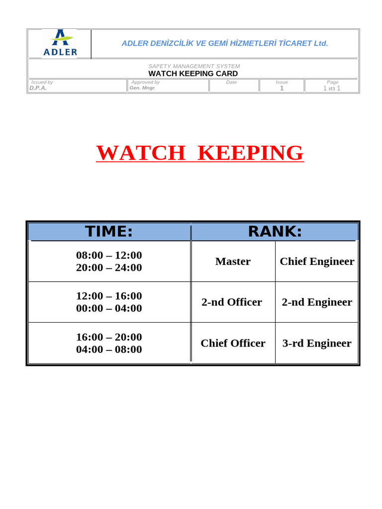 Watch Keeping Card for Safety Management | PDF