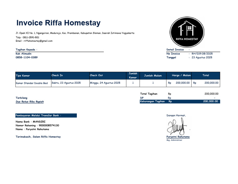 Invoice Riffa Homestay - 039 | PDF