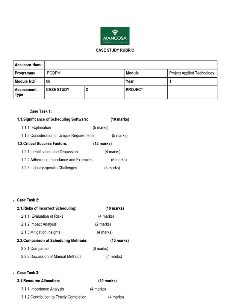 Case Study Rubric for Project Scheduling | PDF | Evaluation | Cognition