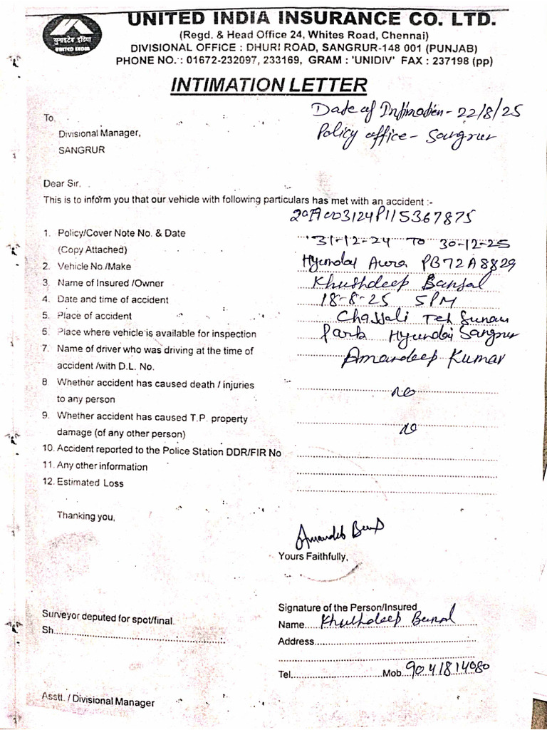 8829 Intimation | PDF