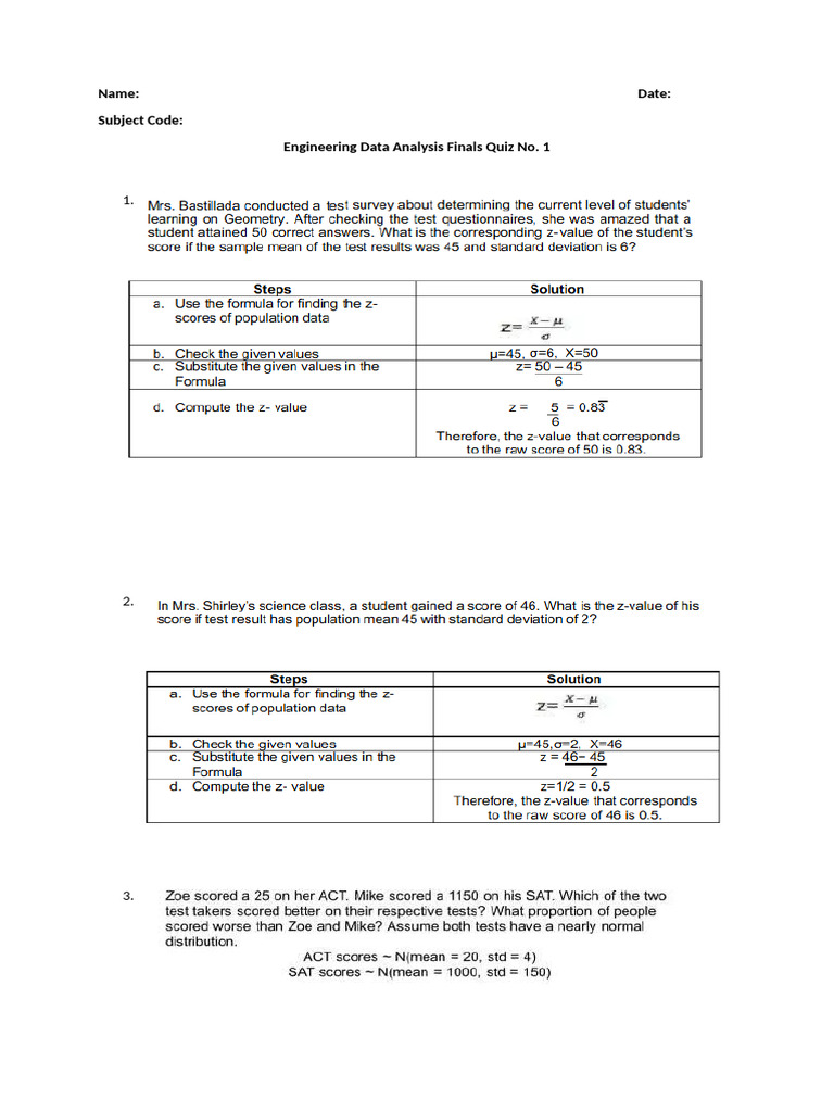 Engineering Data Analysis Quiz 1 | PDF