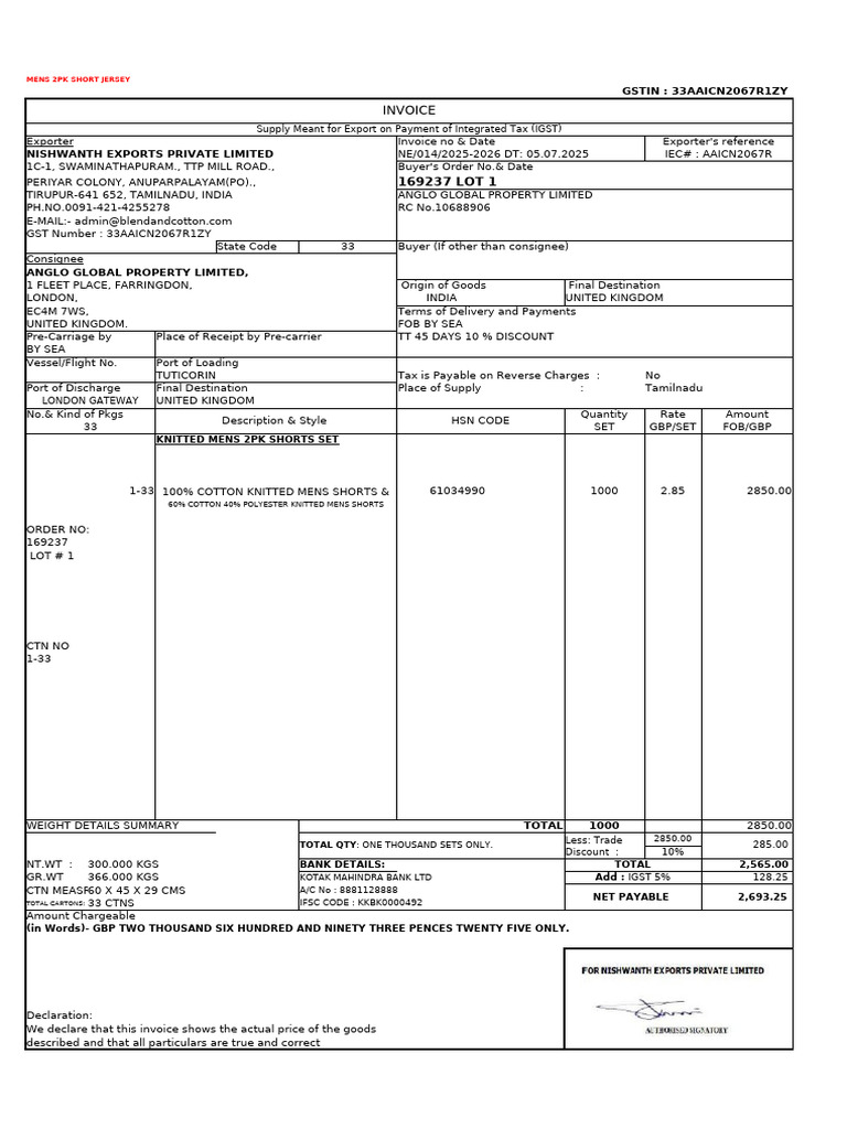Men's 2PK Short Jersey Export Invoice | PDF | Business