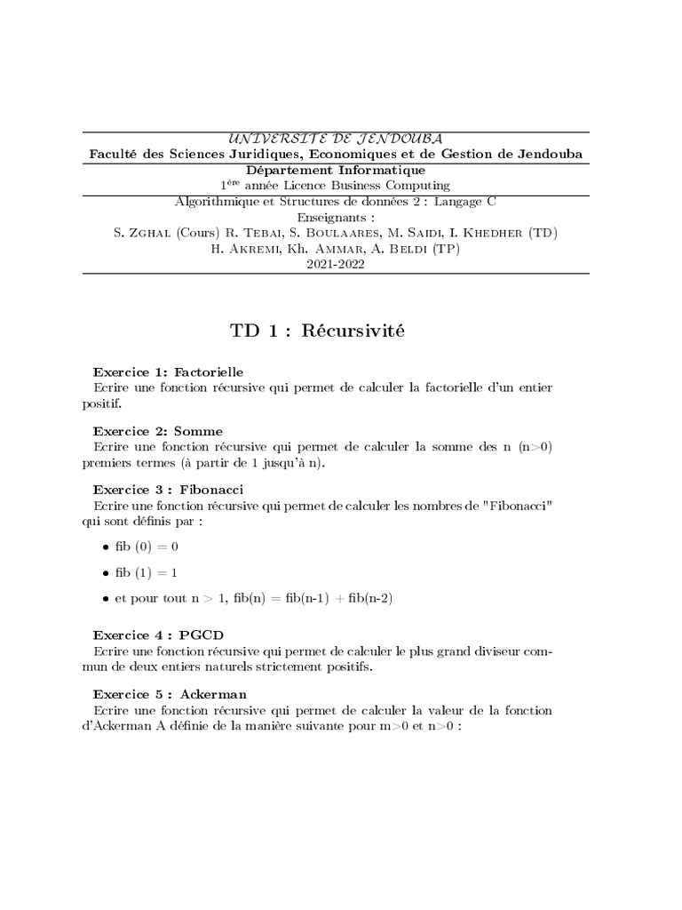 TD Algorithmique en Langage C | PDF | Algorithmes et structures de ...