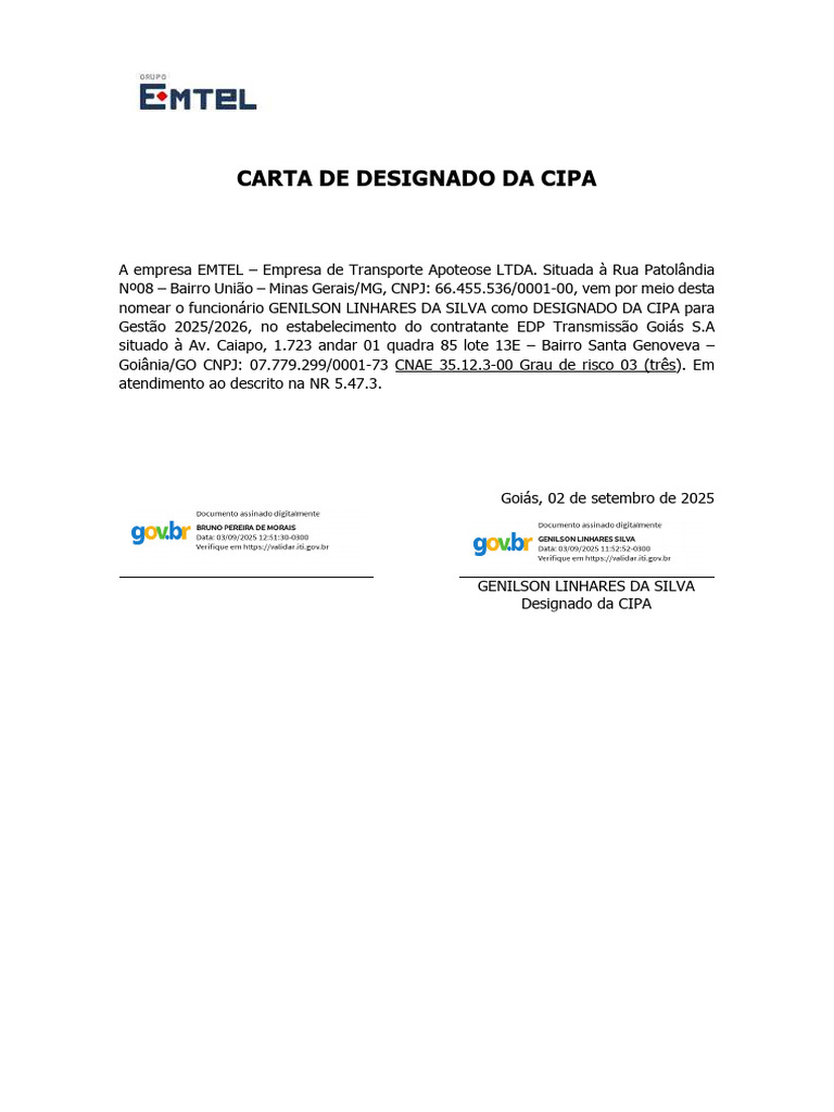 Carta de Designado Da Cipa Assinado Assinado | PDF