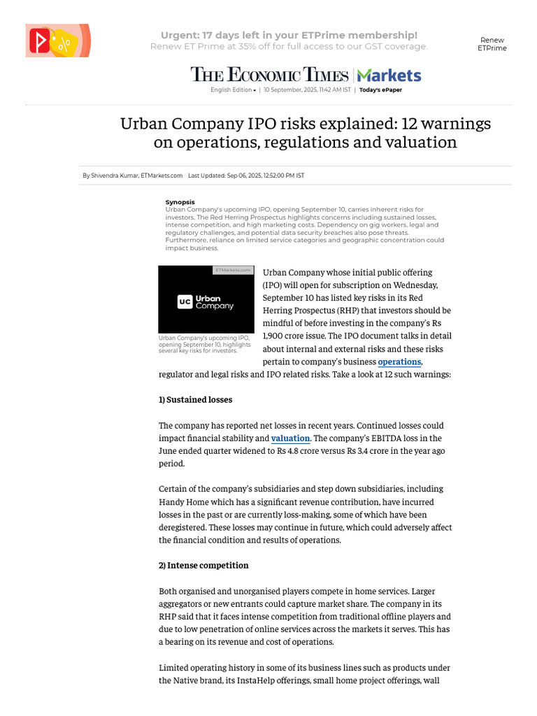 Urban Company IPO Risks Explained - 12 Warnings On Operations ...